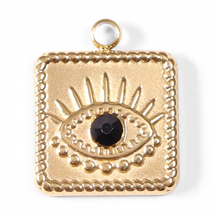 Ciondolo quadrato in acciaio inossidabile PVD 18 carati con pietra nera a forma di malocchio per la vendita all'ingrosso da parte di WJW