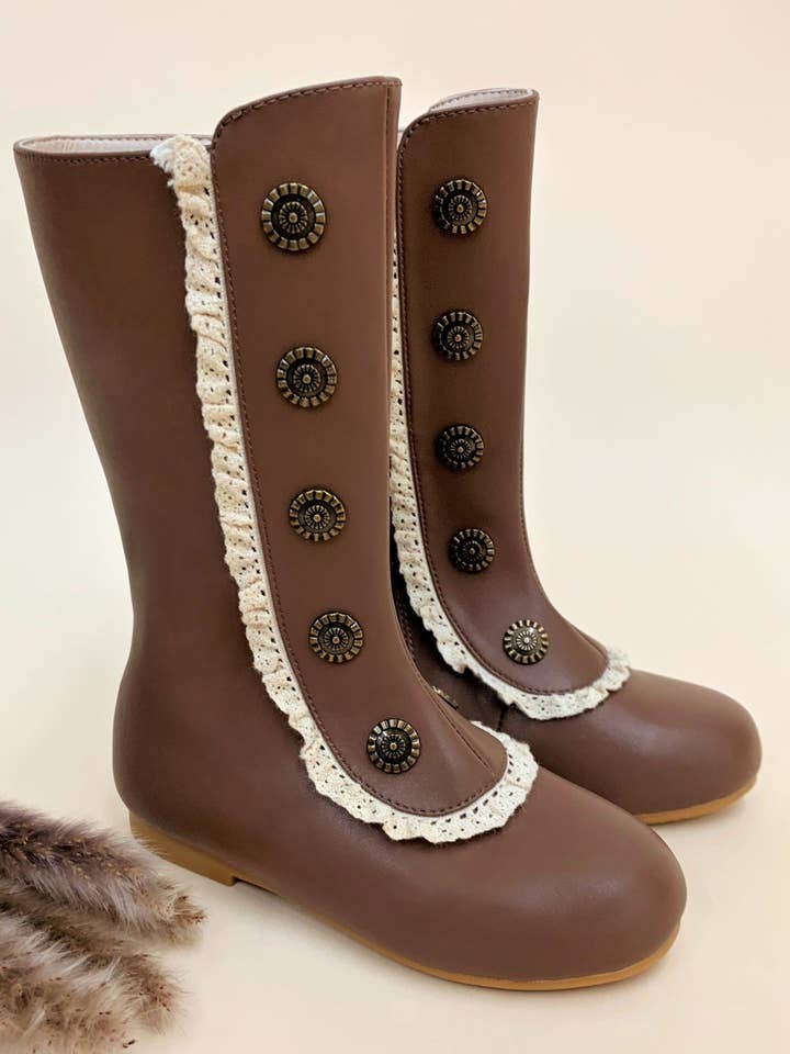 Brown Military Style Lace Ruffle Trimmed Boots By Liv and Mia for wholesale on Faire
