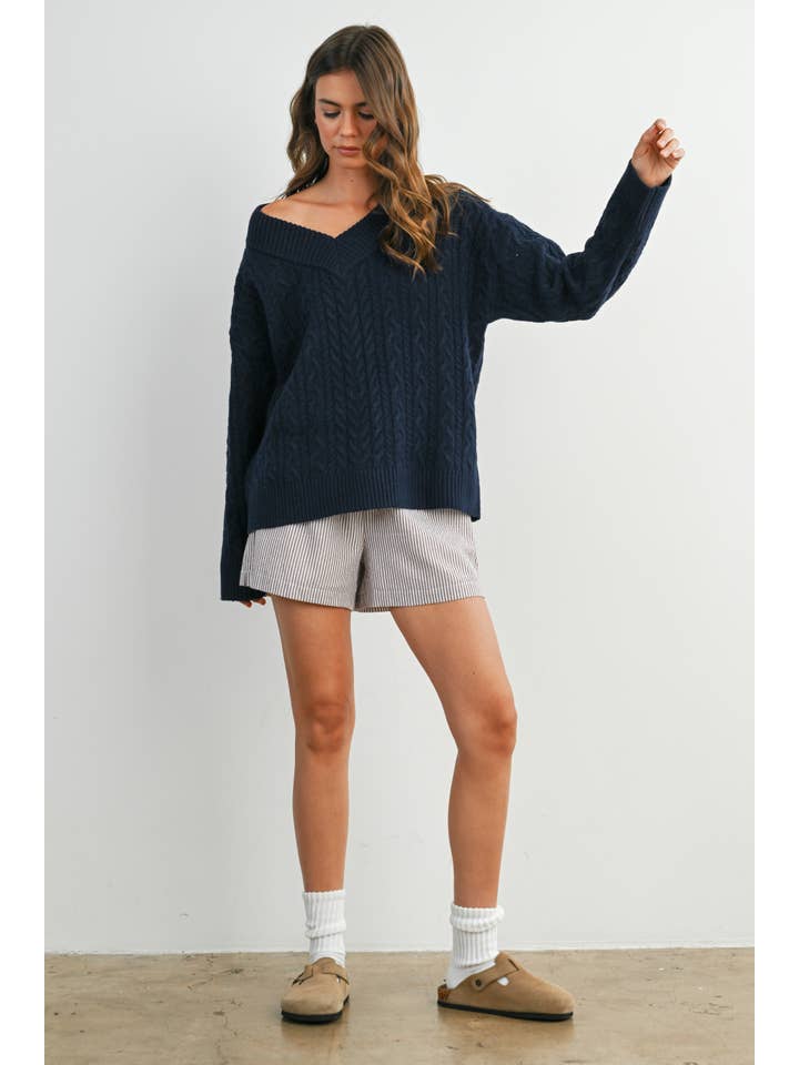 BUTTERMELON - Wholesale Knit Sweater - Women's - V-Neck Cable-Knit Long Sleeve Top - BMW78726