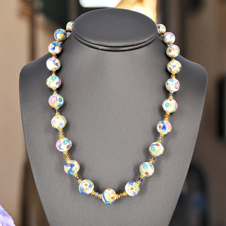 Feminine Multi-Color Floral Millefiori Murano Glass Bead Necklace with Austrian Crystals for wholesale by Viktoria Simonë