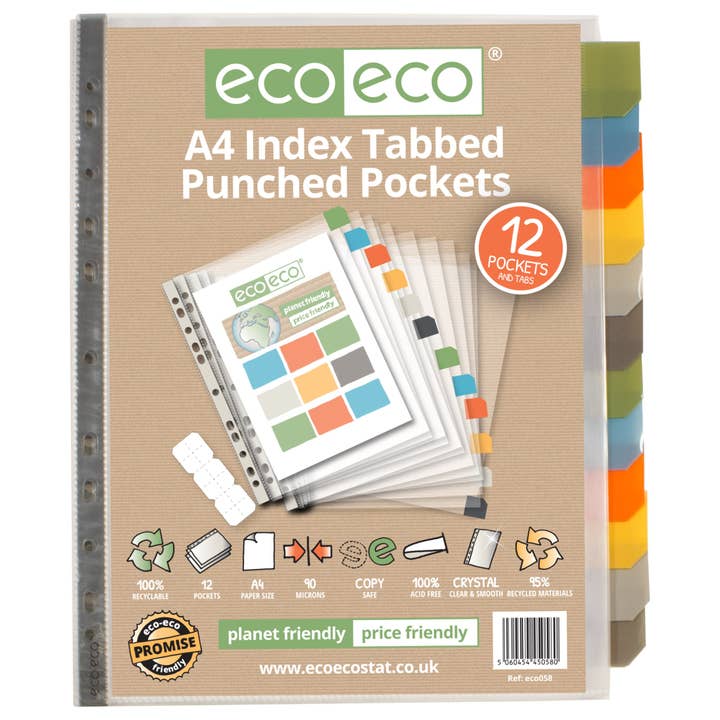 A4 95% Recycled Set 12 Index Tabbed Premier Multi Punched Pockets for wholesale by eco-eco Stationery Ltd