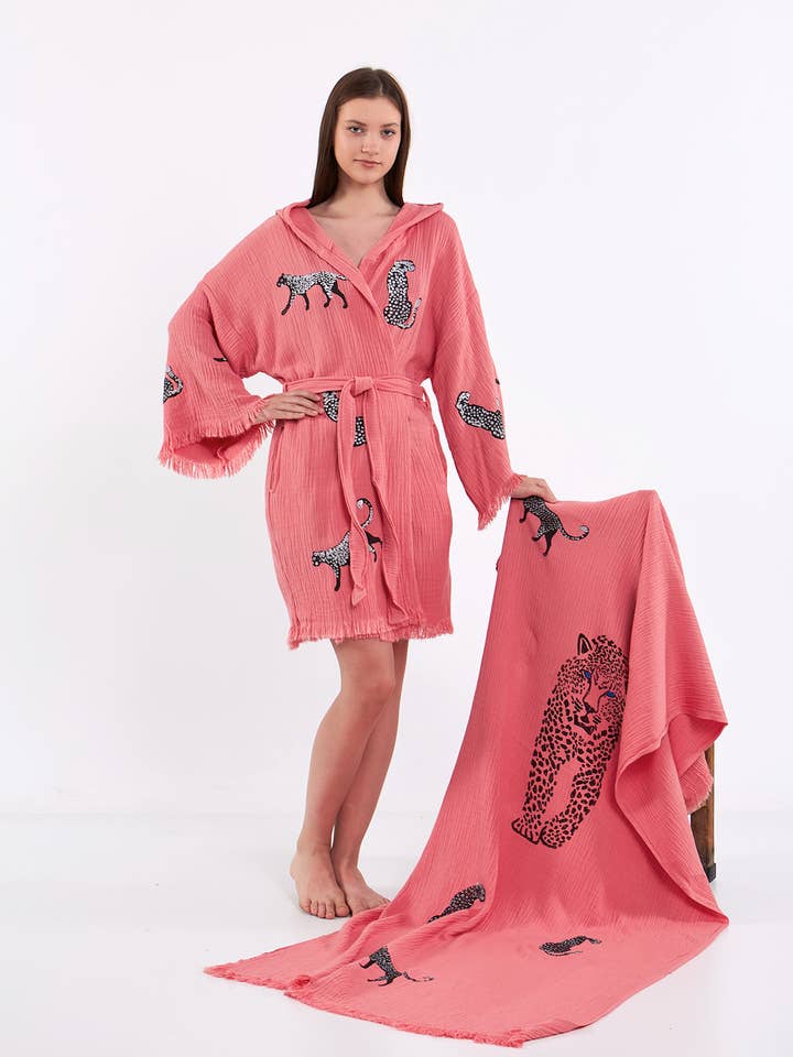 Pink Leopard Print Short Robe Animal Print Clothing Kimono for wholesale by Yaz Concepts