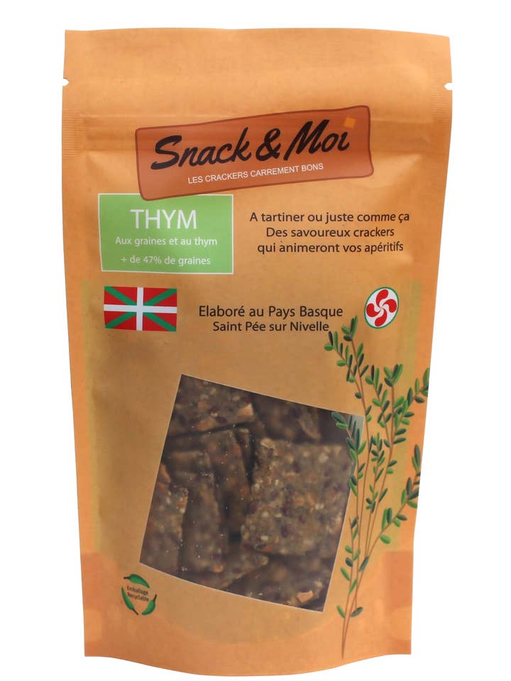 Organic Thyme Crackers in 100g pouch for wholesale by Snack & Moi