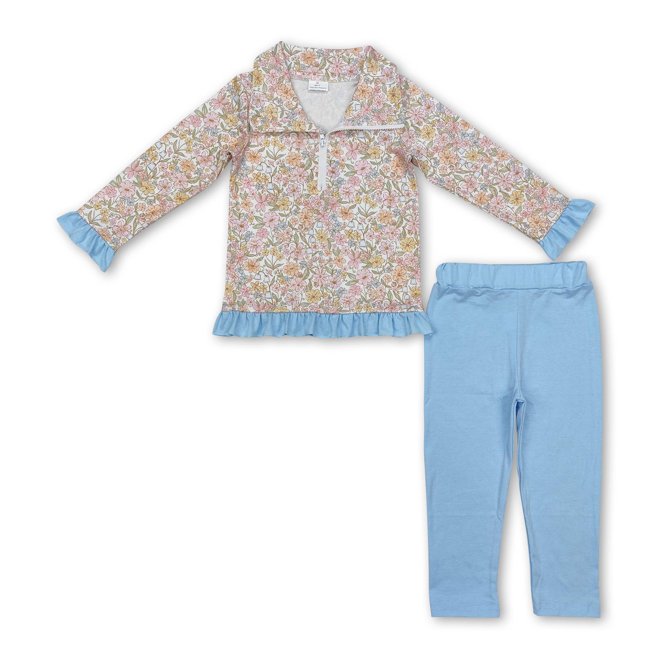 Yawoo Garments - Wholesale Top & Pant Set - Kids - Pink floral pocket zip pullover pants girls clothing set3