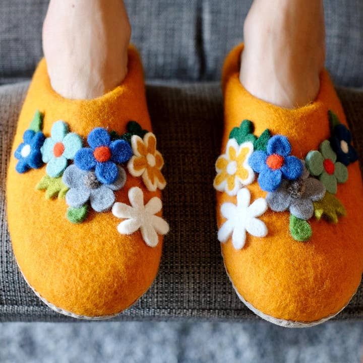 Fuzzy cove - Wholesale Slippers - Women's - Floral Organic Merino Wool Slippers | Eco-Friendly Flower Design, Rubber or Leather Sole, Cozy Comfort Luxury Women Gift, Felt Flowers