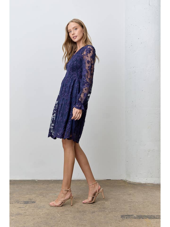NAVY LACE V-NECK SMOCKED BODICE DRESS for wholesale on Faire1