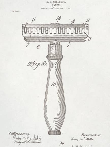 Stampa d'Arte Brevetto Rasoio Gillette Bagno per la vendita all'ingrosso da parte di Keep Calm Collection