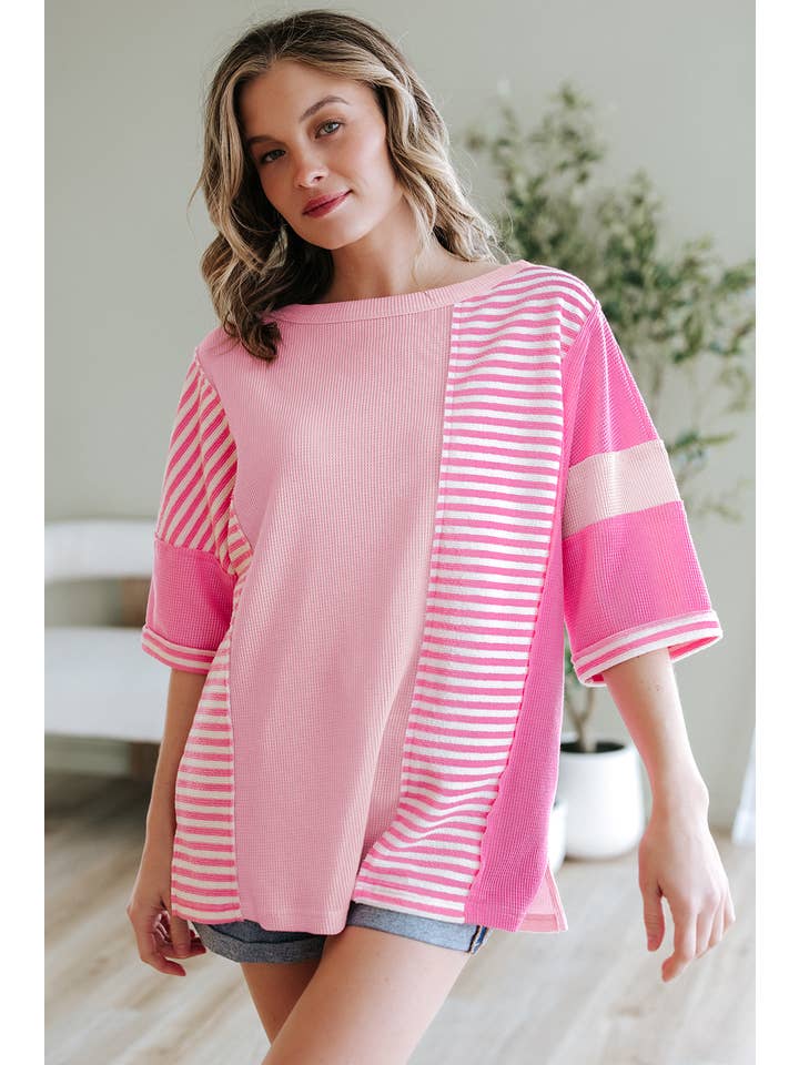 Stripe Color Block Patchwork Loose Half Sleeve T Shirt for wholesale on Faire