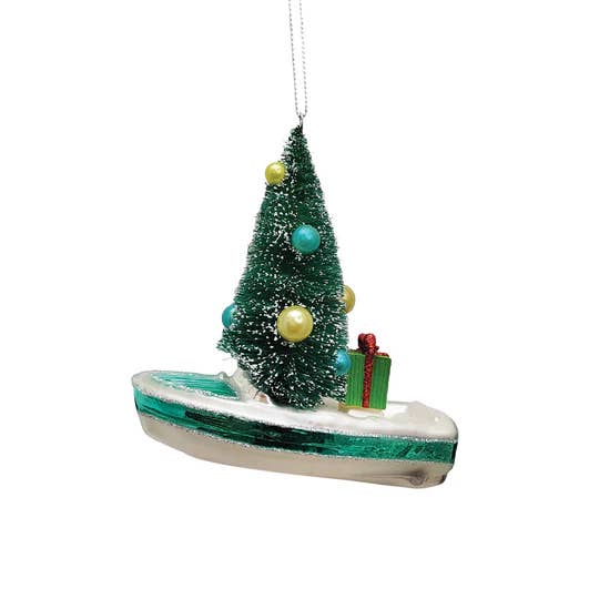 Christmas Tree In Boat Blown Glass Ornament for wholesale by C&F Home