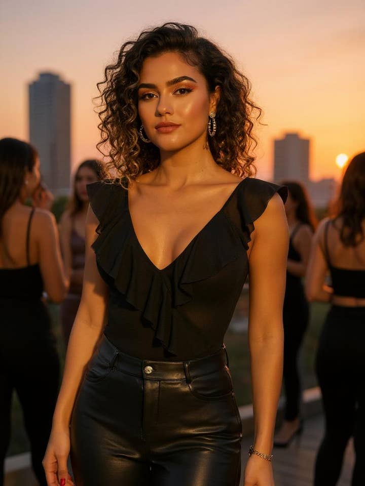 Black lycra bodysuit with tulle ruffle for wholesale on Faire4