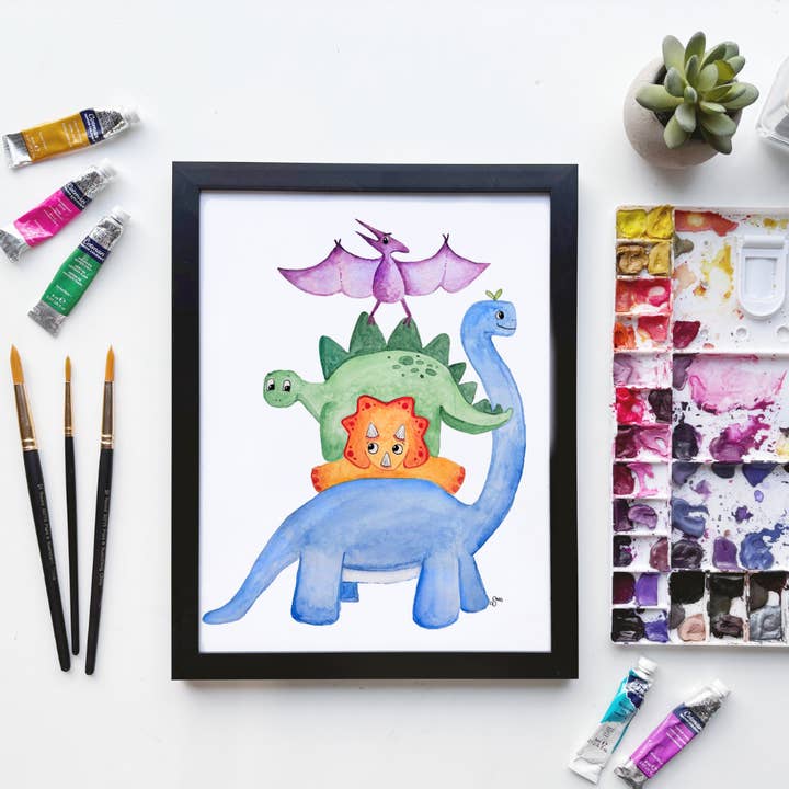 Impresión en Acuarela de Dinosaurios Apilados – Arte de Animales Prehistóricos para venta al por mayor de Owlfeathers Watercolor