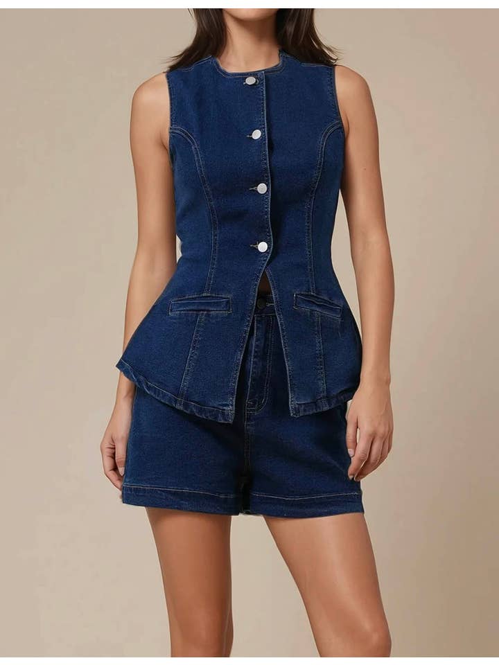 Sweetkama - Wholesale Top & Short Set (NOT Loungewear) - Women's - Ladies Denim Sleeveless Tank Top and Shorts Sets 16881