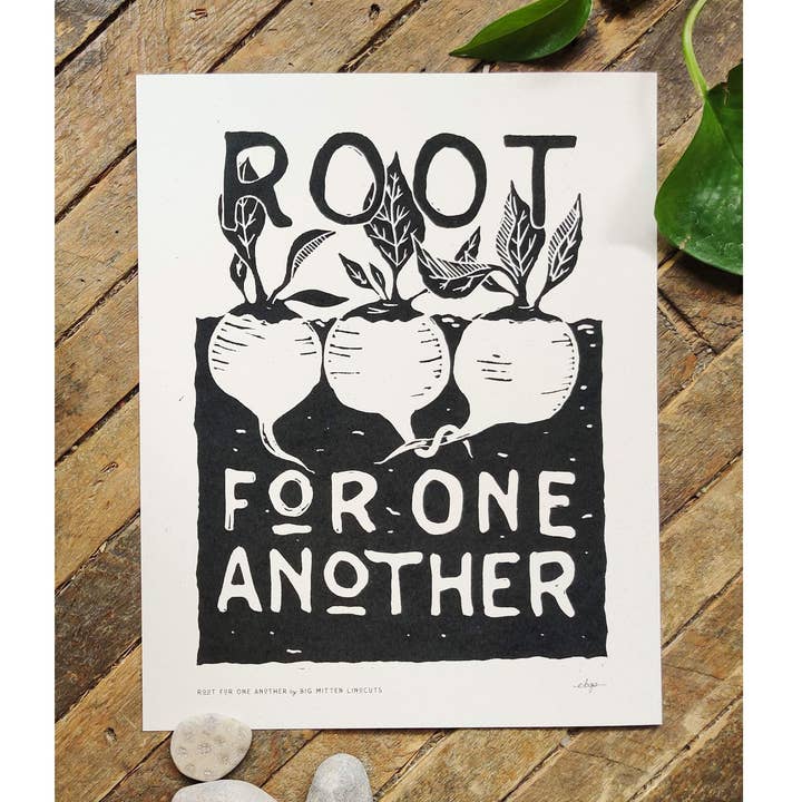 Root for One Another Linoprint for wholesale by Big Mitten Linocuts