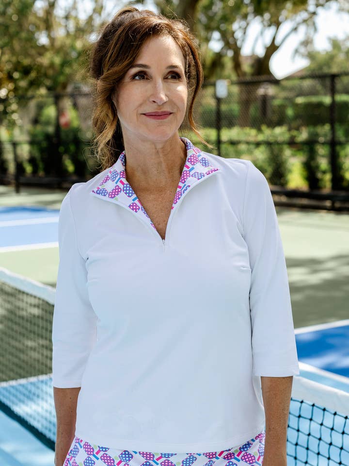 Top Britt à manches 3/4, blanc/Let's Play Pickle rose/bleu pour la vente par sailor-sailor