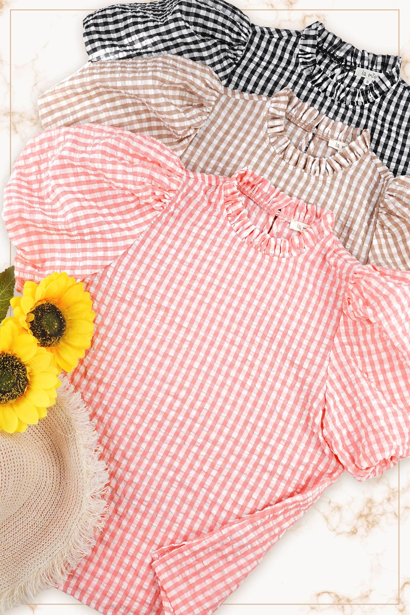 La Miel - Wholesale Blouse - Women's - HCT7697-Gingham Check Print Lovely Puff Short Sleeve Top18