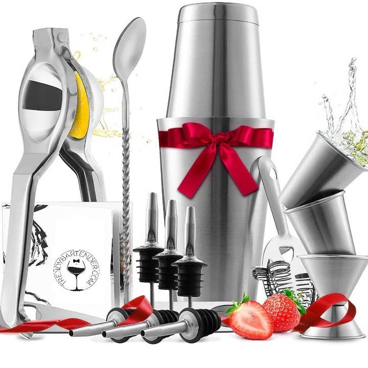 Brown portable bartender bag with cocktail shaker 24 piece traveling bar tools cocktail kit mixology stainless steel for wholesale on Faire3