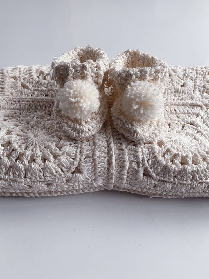 Award-winning organic cotton crochet Elsie baby blanket, handmade heirloom gift . for wholesale by Gooseberry fool