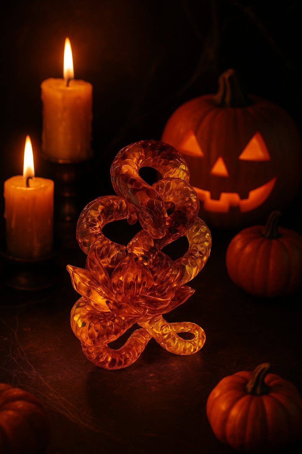 KIZIMA – wholesale Decorative figurine – Amber Snake with Lily – Handmade Baltic Amber Halloween Decor1