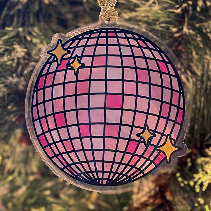 Boule à facettes rose Ornement de Noël en acrylique pour la vente par Jocelyn Diebolt Designs