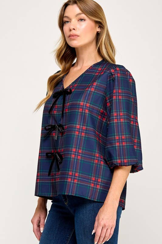 MintChoco - Wholesale Screen Printed T-Shirt - Women's - Plaid Holiday tie front blouse12