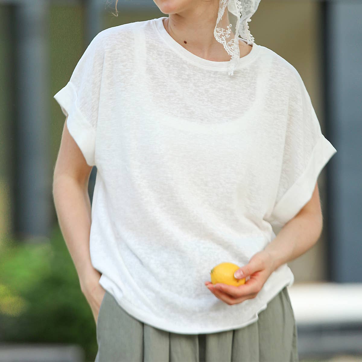 WHITE French slouchy cotton and linen blend T-shirt for wholesale on Faire0