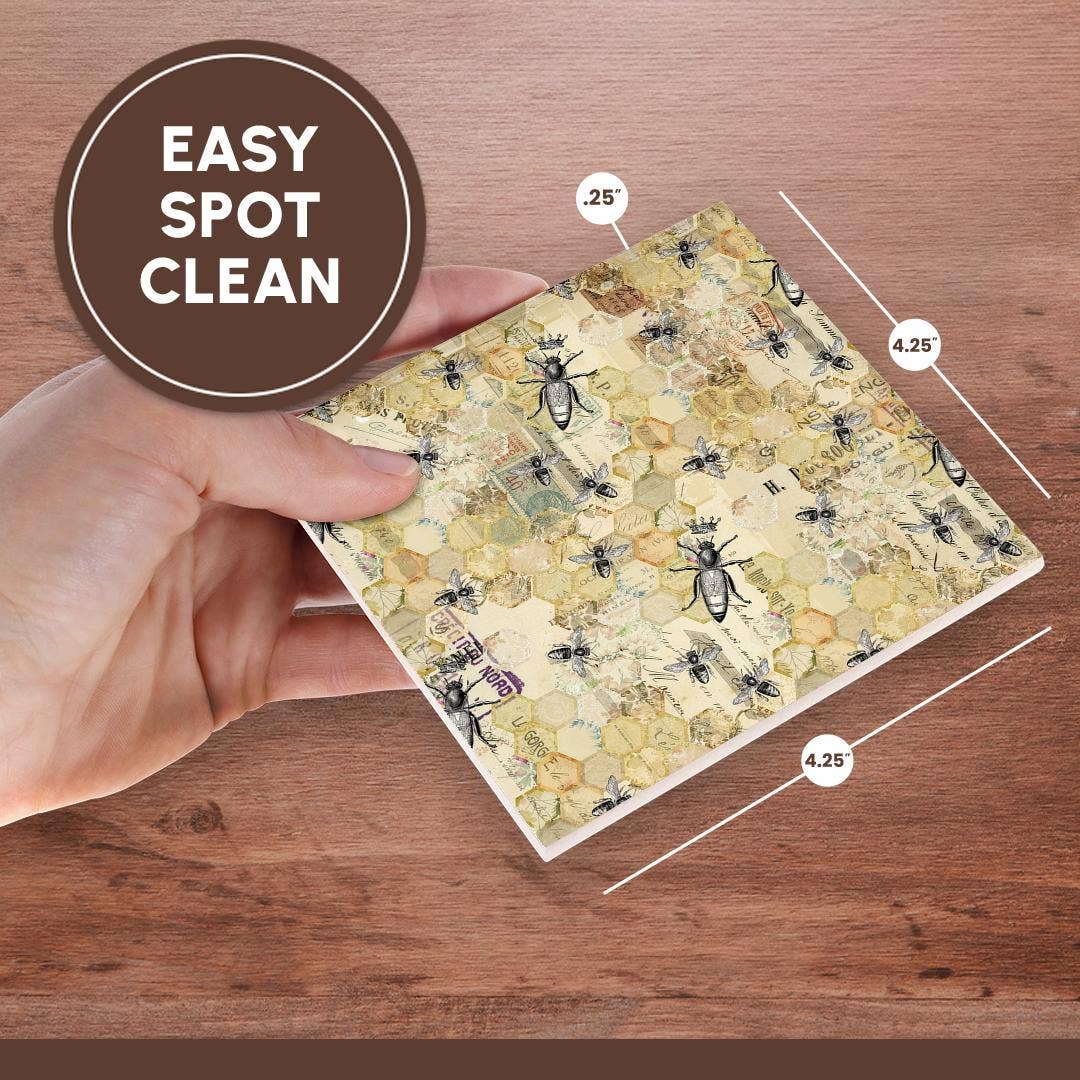 3dRose - Wholesale Coasters - 3dRose, Black, Green, Yellow Honeycomb, Bees, Crowns and Script Collage, Coaster6