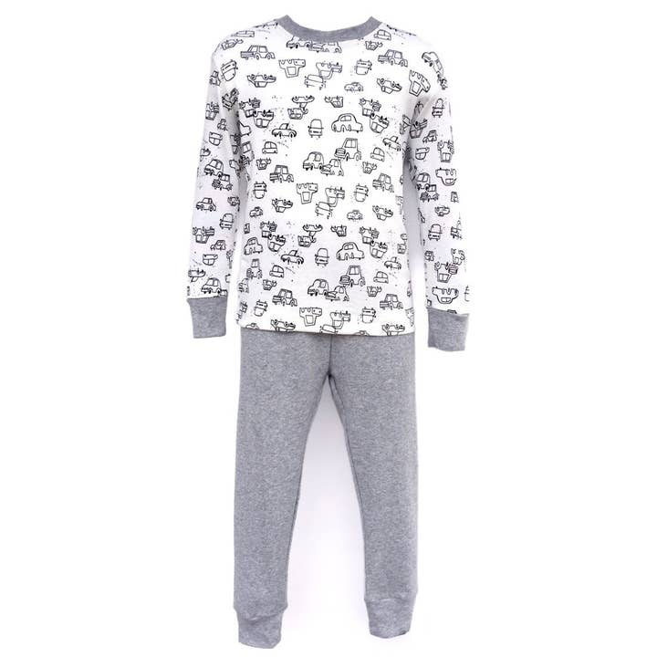 Knotty Kid – wholesale Pyjamasset - Barn – Barn bomull pyjamas grå bilar PJs Jammies Set