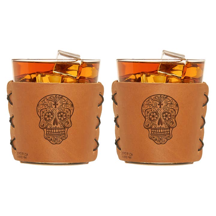 Sugar Skull Leather Sleeve & Highball Glasses for wholesale by Oowee Products