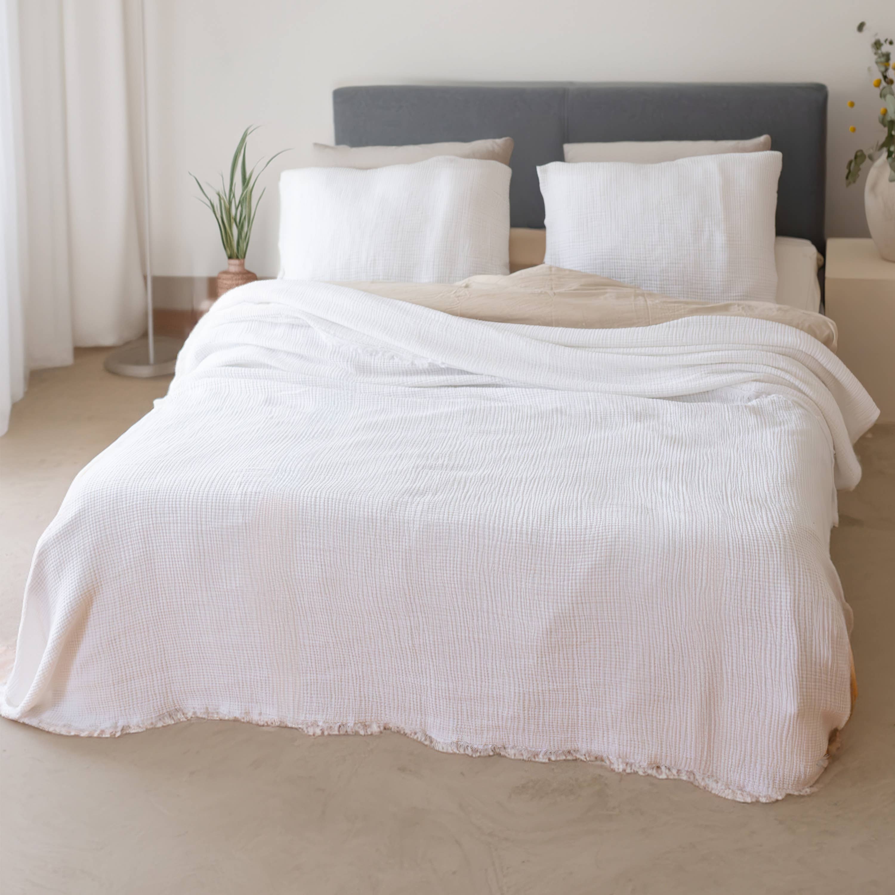 Vivamaison - Vente Plaids - Couvre-lit en mousseline frangé 100 % coton doux, 4 couches premium17