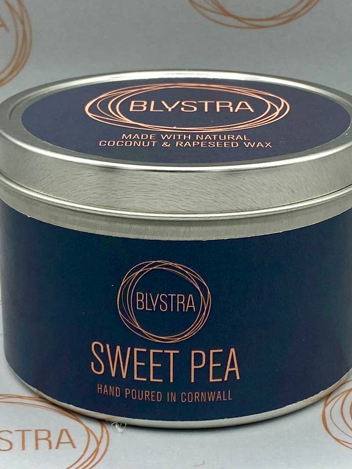 Sweet Pea Hand-poured Tin Candle for wholesale by Blystra candles