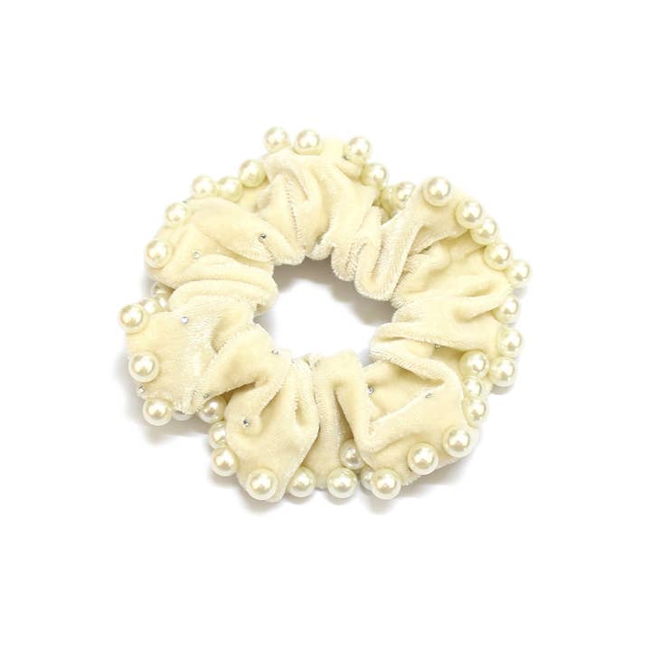 VELVETY HAIR SCRUNCHIE WITH PEARL ACCENTS for wholesale by Girly