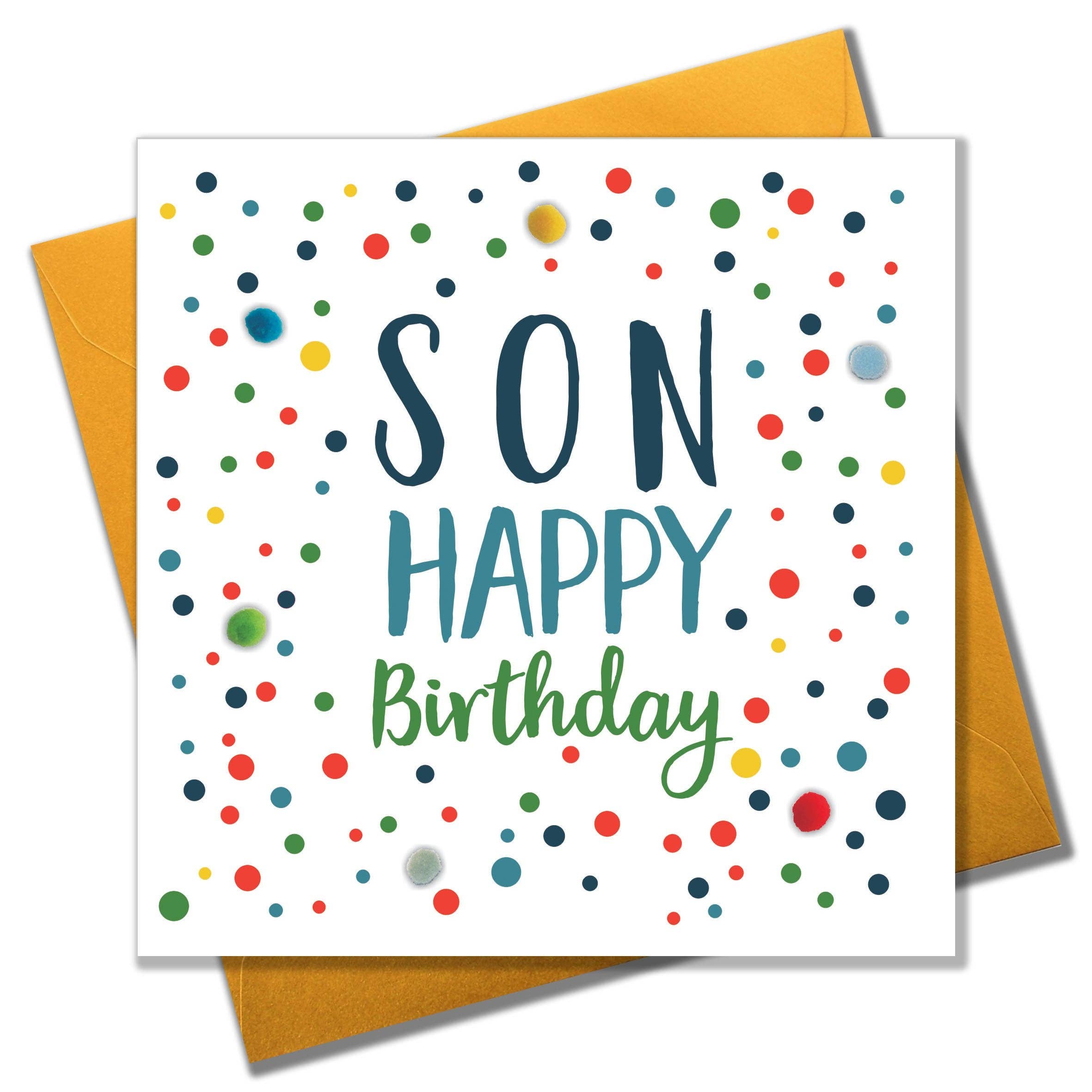 Claire Giles Ltd - Wholesale Birthday Card - Birthday Card, Dotty, Son, Happy Birthday, Embellished with colourful pompoms2