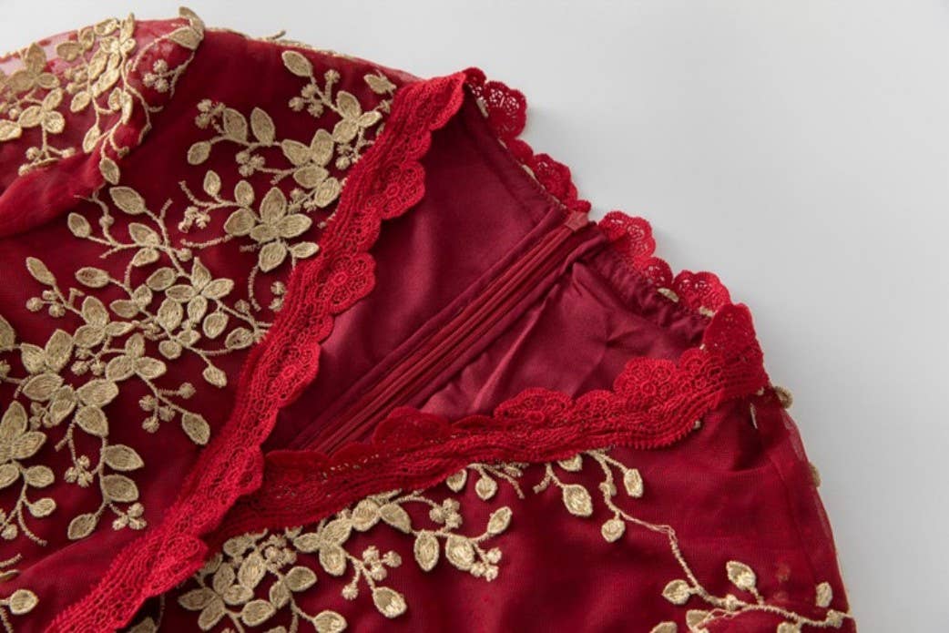 Productseeker – wholesale Gown – Women's – DR816L V-Neck Mesh Dress with Handmade Floral Embroidery6