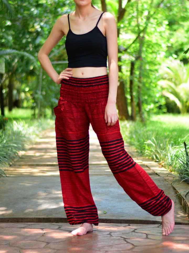 Red Patch Stripe Elasticated Waist Harem Pants for wholesale on Faire7
