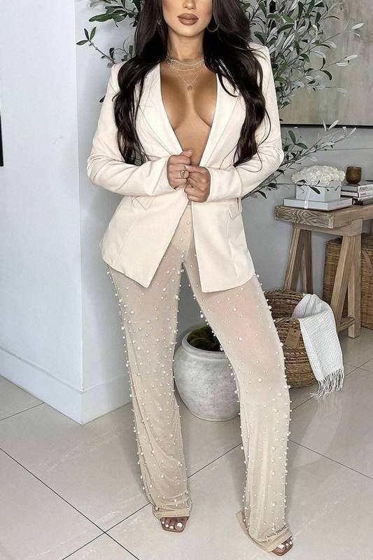 Queen Fashion - Venta al por mayor Conjuntos de top y falda - Mujer - blazer blanco a la moda con pantalones transparentes