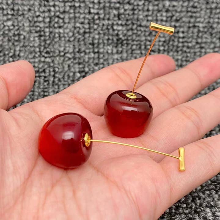 Creative Resin Cherry Charm 18K Gold Plated SS Earrings -FGS for wholesale by Mio Queena