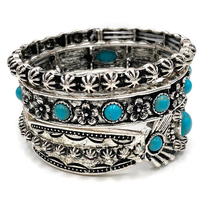 Turquoise Flower Three Piece Western Chunky Stretch Bracelet for wholesale by Lunar Deer