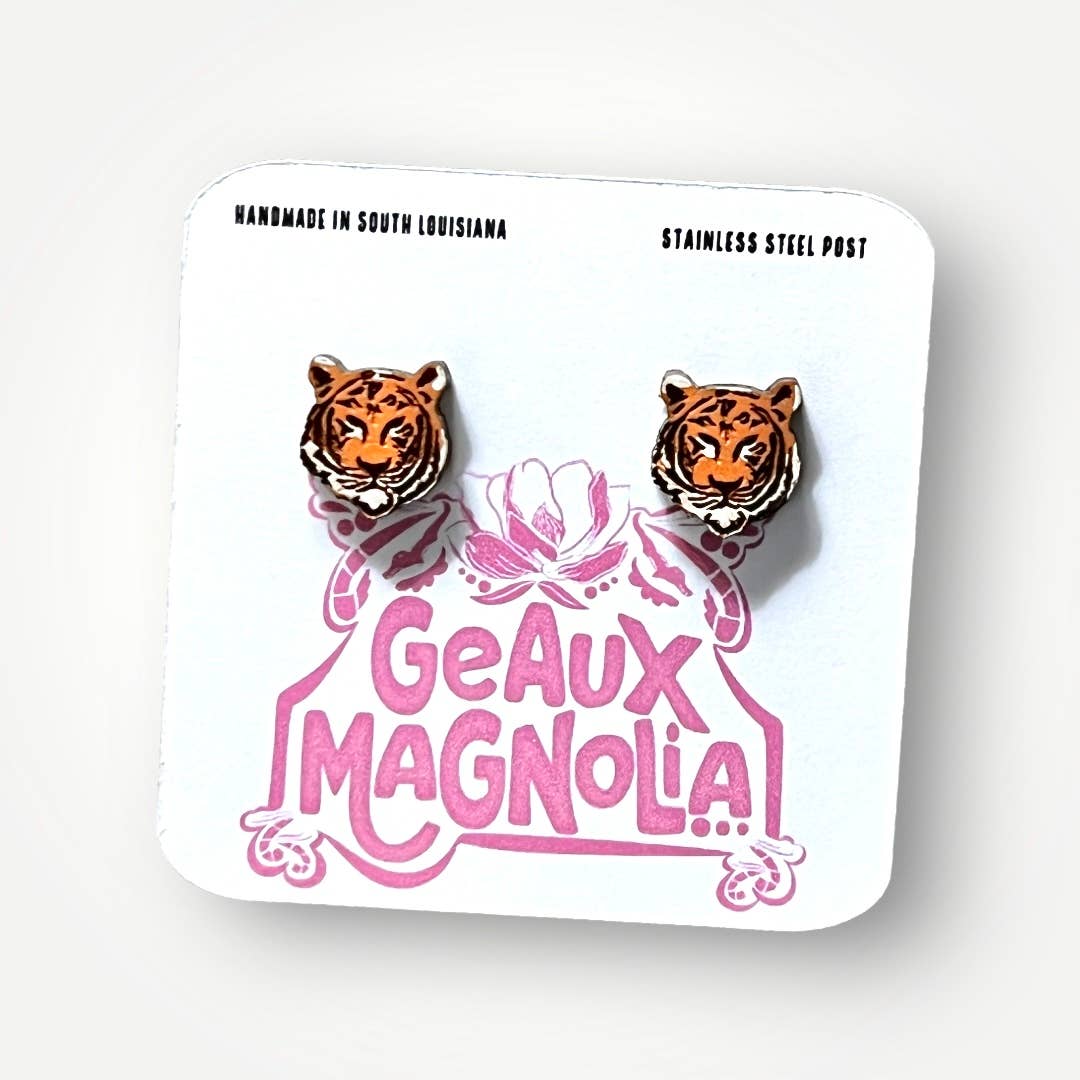 Geaux Magnolia - Wholesale Stud/Post Earrings - Tiger Face Hand Painted Stud Earrings LSU Louisiana