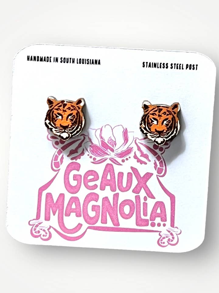 Tiger Face Hand Painted Stud Earrings LSU Louisiana for wholesale by Geaux Magnolia