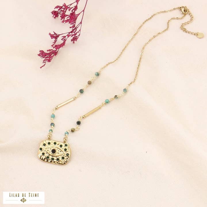 Collier acier antique oeil chance pierre strass 0123580 pour la vente par Lilas de Seine