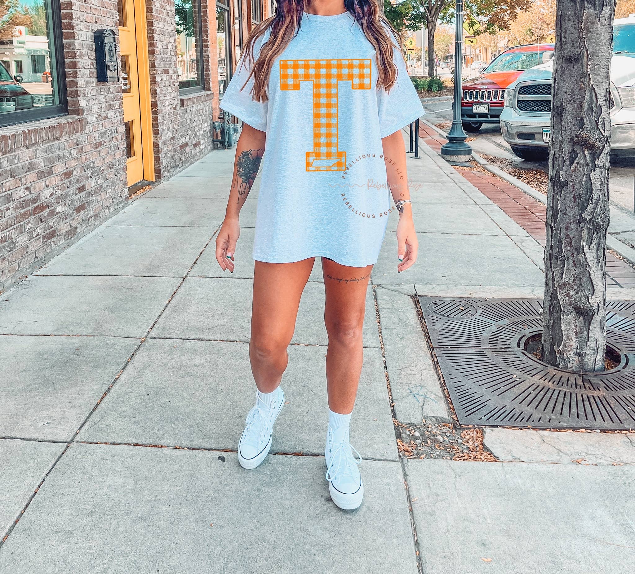 Rebellious Rose LLC - Wholesale Tunic - Women's - Checkered Tennessee Vols Graphic Tee