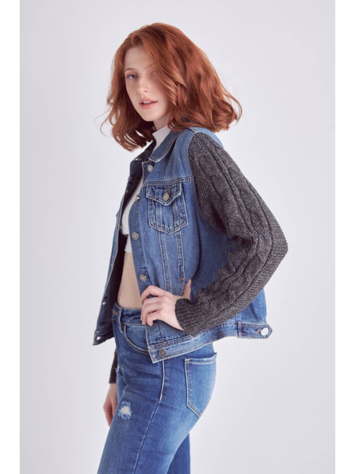Nature Denim - Wholesale Denim Jacket - Women's - Chic Denim Jacket with Sweater Sleeves - Women's NT1212MG