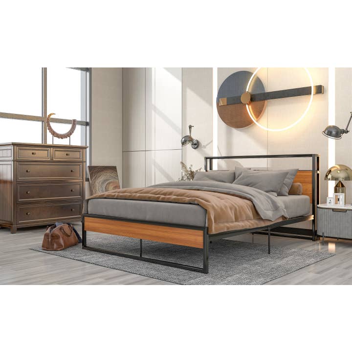 VTNG50 - Wholesale Bedroom Furniture - Queen Size Metal Platform Bed Frame with Sockets, USB Ports10