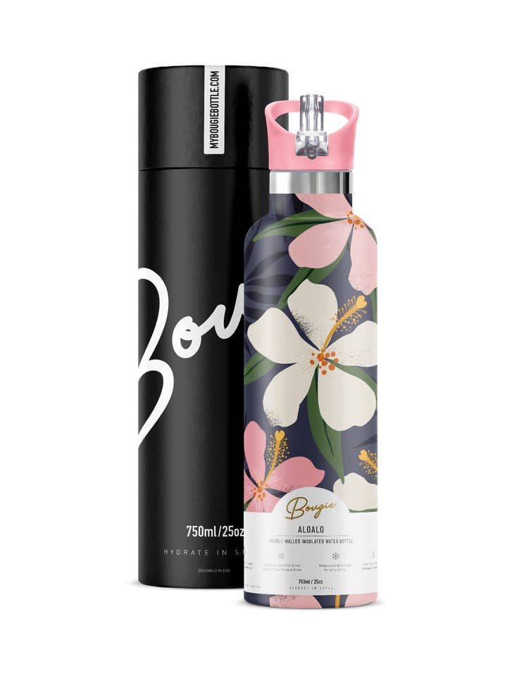 ALOALO Tropical flower 25 oz Insulated Water Bottle for wholesale by My Bougie Bottle