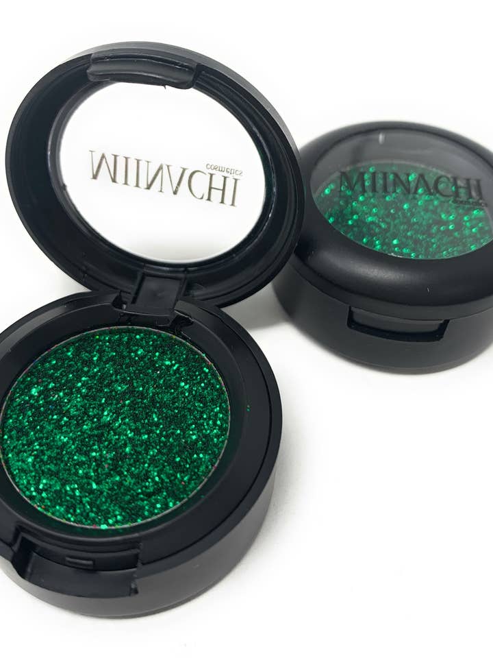 Single Pressed Glitter in the shade Zelena, No Glue Needed, In Compact, Pigmented, No Fall Out, Glitter, Cosmetic Grade Glitter for wholesale by Miinachi Cosmetics