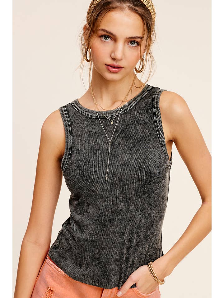 La Miel - Wholesale Tank Top - Women's - HCT7694-Mineral Washed Back Patch Detail Breathable Tank Top