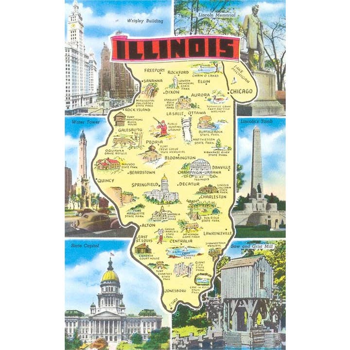 Postcard IL-187 Map of Illinois, Attractions for wholesale by Found Image Press