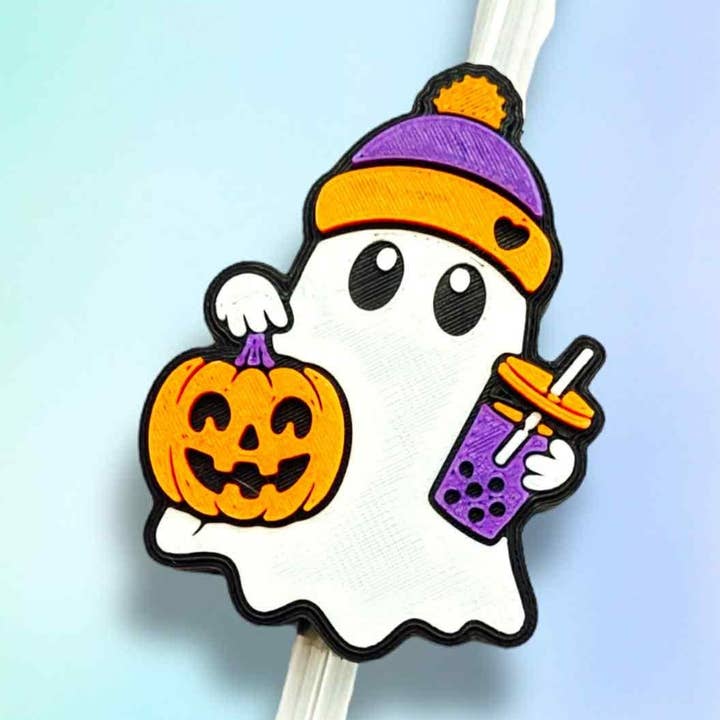 Happy Ghost 3d printed straw topper 2 sizes for wholesale by Roussell Prints and Demand LLC