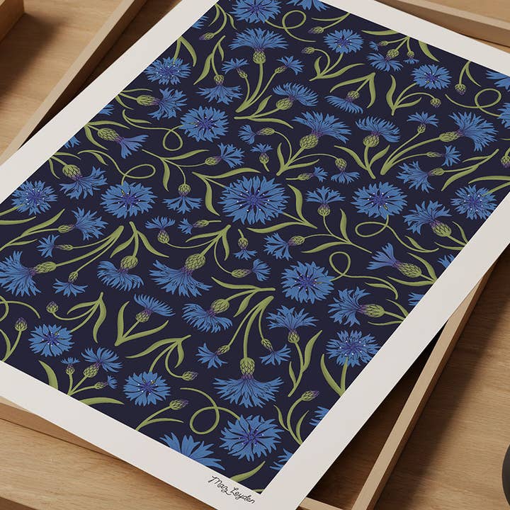 Cornflowers Heritage Floral Art Print for wholesale by Maz Leyden