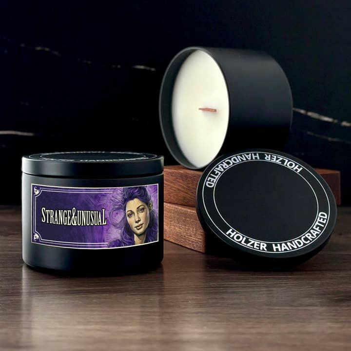 Wood Wick Candle STRANGE & UNUSUAL - Black Rose + Plum + Vanilla Scented | Coconut Soy Wax | 6oz Modern Tin with Lid | Handmade | Non-toxic Phthalate-free Luxury Fragrance - Cinematic Legends: Iconic Characters, Reimagined in Fragrance for wholesale by Holzer Handcrafted ®